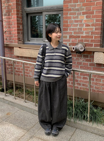 Tuttonly Button Stripe Collar Knit